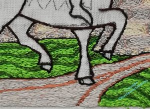 William Marshall's horse (as yet unstitched) prancing along the road between grassy verges