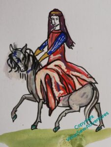 A painting in gouache of a medieval woman on horseback, very clumsily done, and based on the lady in the picture above.