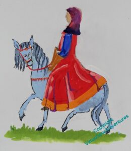 Another gouache of a medieval woman on a horse. Still clumsy but a new iteration.