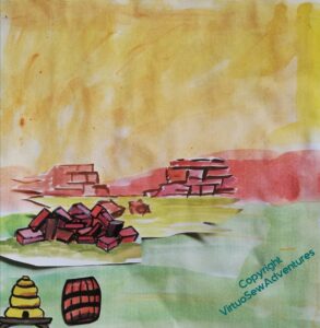 Very rough painted design of a background for Aethelflaed. There's a gold sky, russet in the middle for the city walls, and against green for the grass, a pile of dressed stone, a bee skep and a barrel.