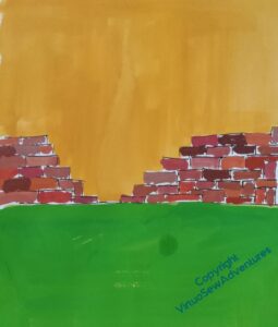 A basis for the background in gouache, golden sky, green grass, and many different shades of purpley, orangey, darkish pink