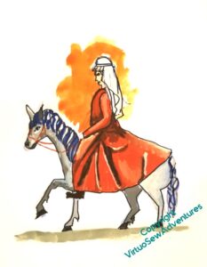 Another attempt in gouache to depict Aethelflaed, in red dress and white veil, on a white horse