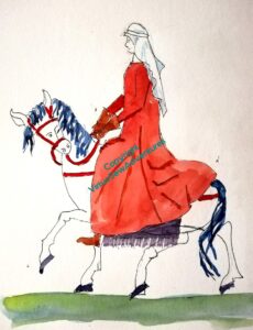 Aethelflaed on her white horse, in a plain madder dyed riding dress, brown gloves, white veil, purple saddlecloth. She's taller, and the horse is shorter-backed than the last design.