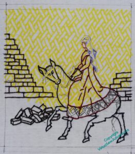 The main split stitch outlines are now in place, for the leftover walls, the pile of stone, the horse, and Aethelflaed herself. The stone outlines are in several different dark shades, but this barely shows.