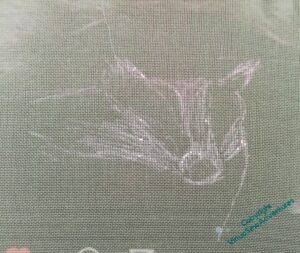 Green gauze fabric with badger drawn on in white gel pen