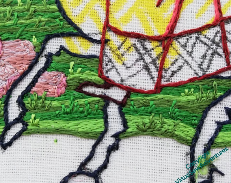 Close up of the grass growing between the horse's legs. Little split stitch tussocks interrupt the flows of colour.