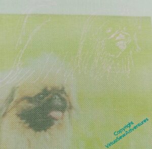 A few white lines on gauze for a pekinese dog, with the source photo showing through.