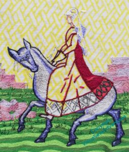 Earlier photo, showing Aethelflad on horseback, some dark lines on the dress and the back panel stitched. It's not satisfactory at all.