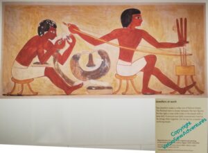 Watercolour of a tomb painting showing jewellers at work