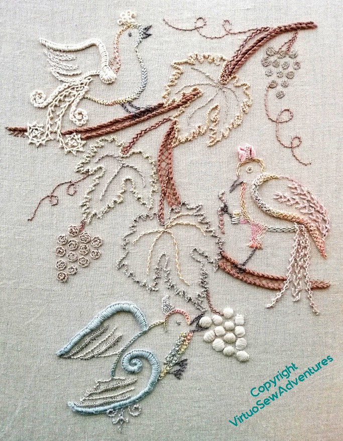 Finished Embroidery of Stella's Birds. It's strongly textured, in pale fawns, with a little pale pink, cream, and blue. Lots of dramatic stitches!
