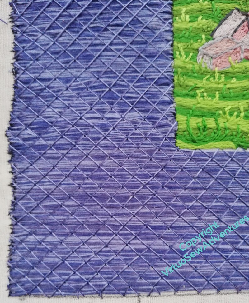 Full trellis couching, diagonal stitches couched at the intersections with vertical cross stitches