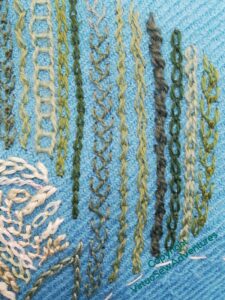 Close up of the first half of the front leaf, showing the lines of stitching more clearly.