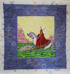 Design transferred in suitably coloured fine split stitch