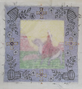 Design for Aethelflaed's border, split stitched over the design sketched on white tissue paper.