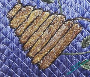 Underlayer of the first skep complete, uneven "horizontal" runs of stitching in creamy yellowy browny greyish colours.